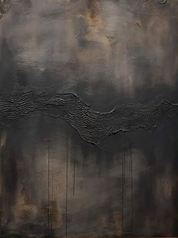 Large Abstract Black and Gray Oil Painting with Textured Flow Design
