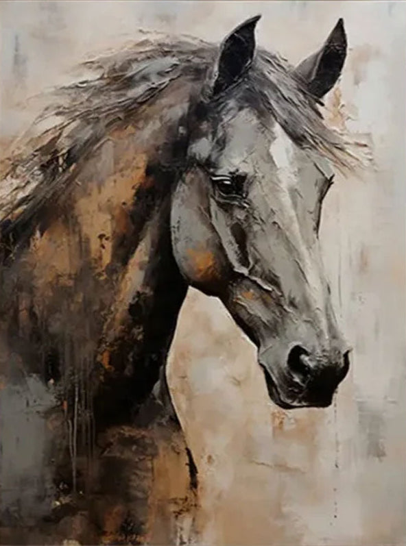HORSE 油絵アート Textured Black Horse Art: Modern Equestrian Oil Painting on Canvas #ZZ