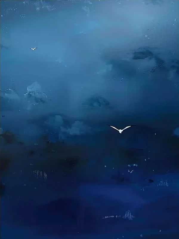 Deep Blue Abstract Oil Painting with Flying Birds Wall Art  #TC 028