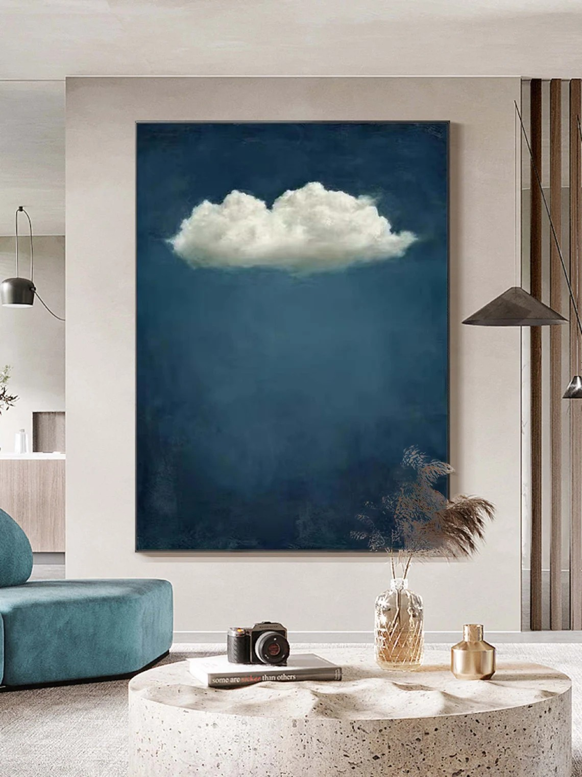 Minimalist Cloud Painting | Handmade Vertical Blue Canvas Art #TC 042