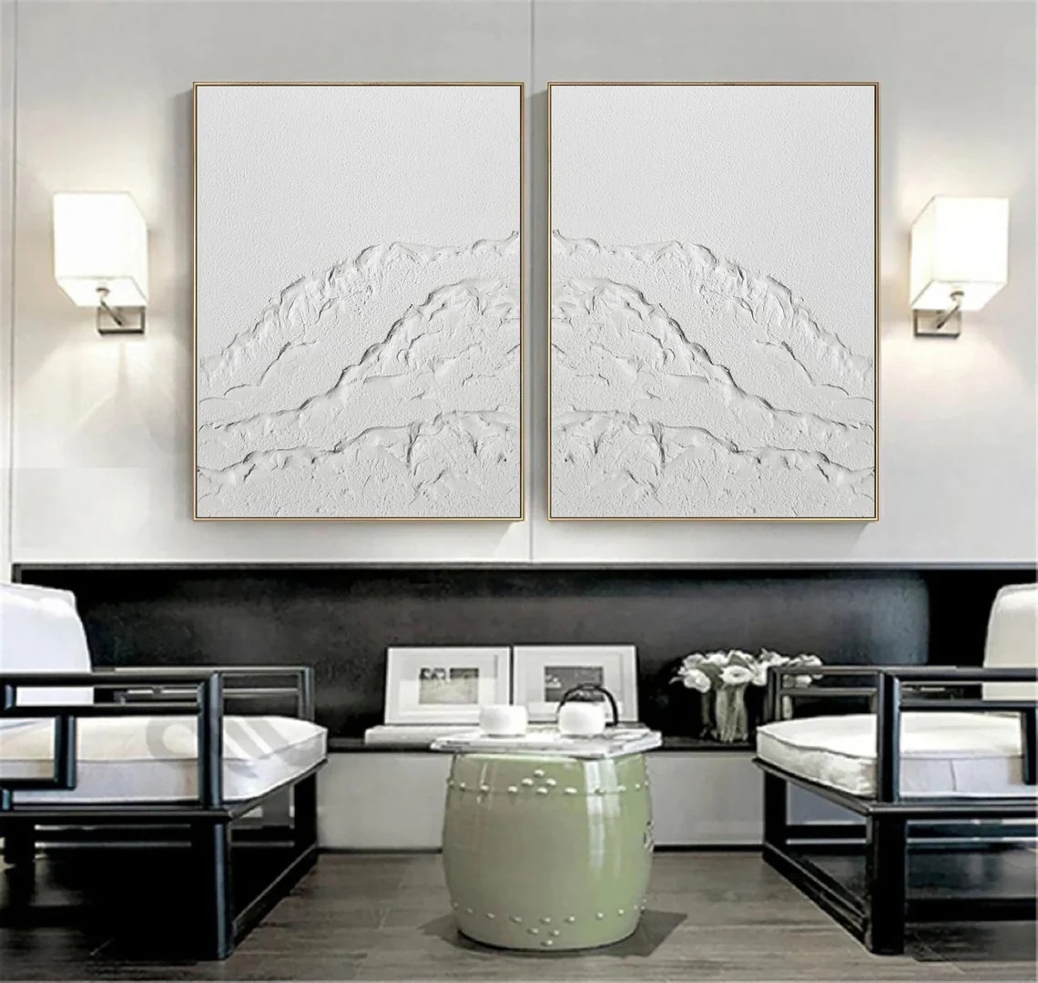 White Textured Abstract Diptych - Minimalist Landscape Art #JJ 026