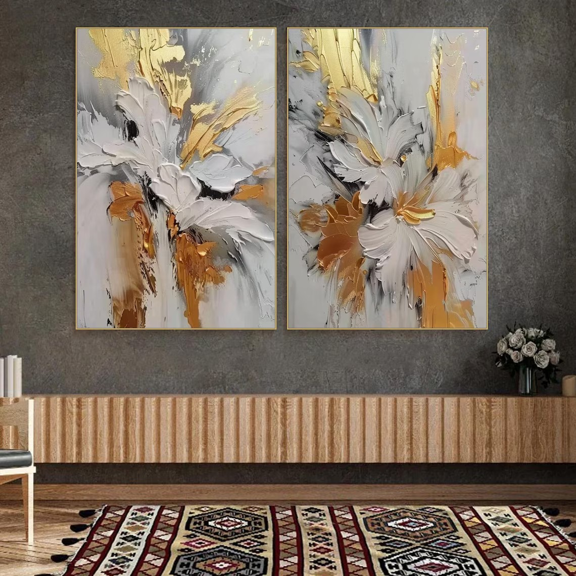 Set of 2 Textured Abstract Paintings |Gold & Grey Art #TC 102