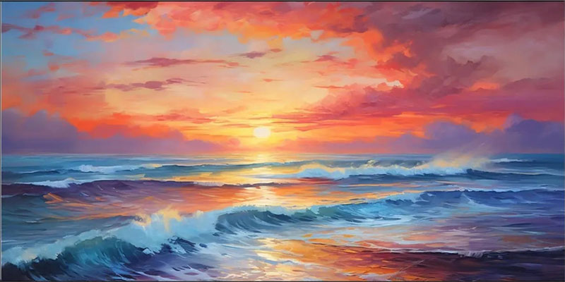 Vibrant Ocean Sunset Wall Art | Extra Large Wave Canvas Painting #ZZ 058