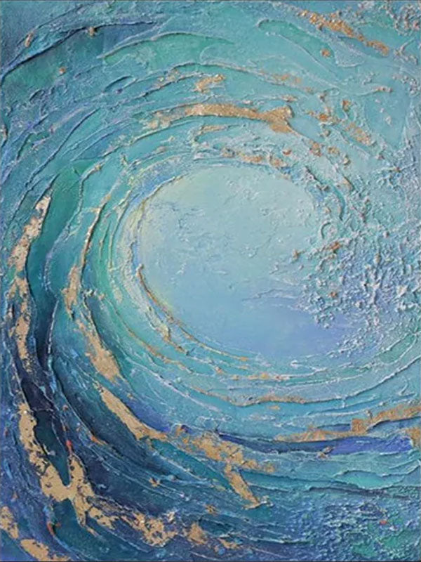 Abstract Ocean Wave Oil Painting, Blue and Gold Textured Wall Art #TC