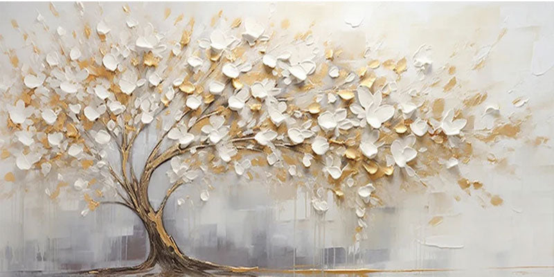 3D Blossom Tree Painting, Handmade White Gold Canvas Artwork  #TC 069