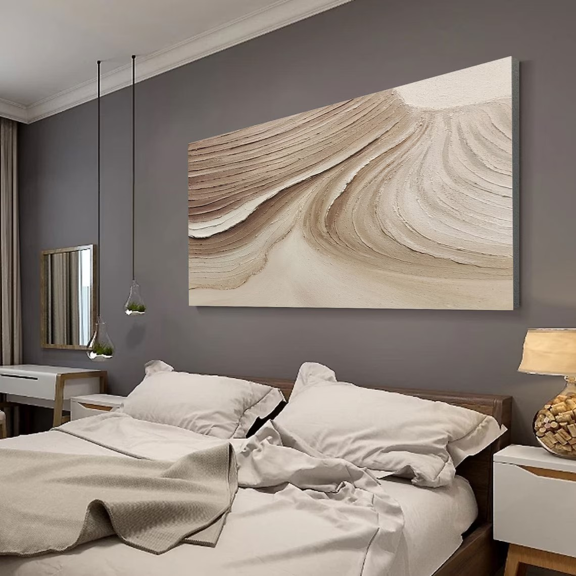 Textured Beige Abstract Oil Painting with Wave-Like Brushstrokes Wall Art #TC 036