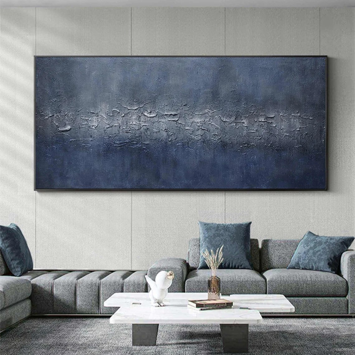 Large Abstract Canvas Art - Deep Blue & Grey Impasto Painting