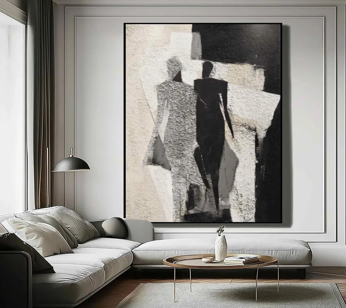Abstract Figures Art - Black White Textured Wall Painting #TC 053