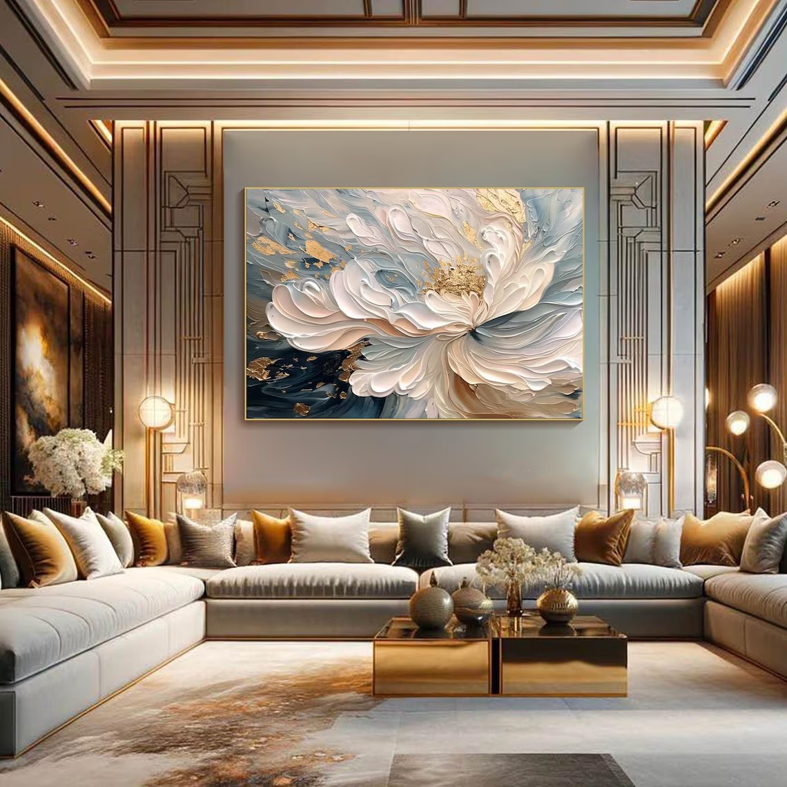 Textured White & Gold Flower Canvas Wall Art