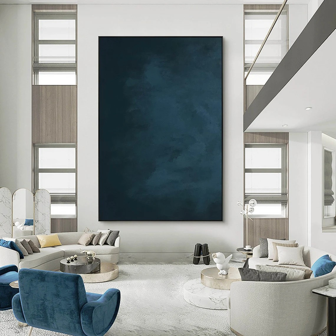 Large Vertical Abstract Painting - Navy Blue Minimalist Canvas Art  #TC 013
