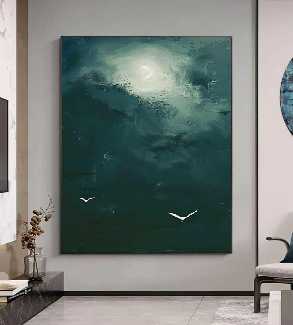 Dark Teal Abstract Oil Painting with Moon and Birds Wall Art  #TC 029