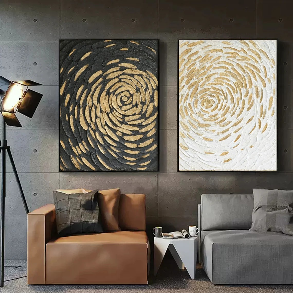 Gold Swirl Textured Abstract Diptych - Black & White Art #JJ 047