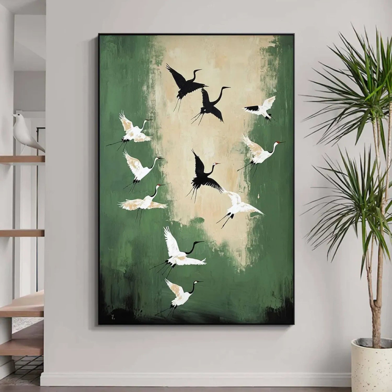 Abstract Cranes Canvas: Elegant Bird Flight Art