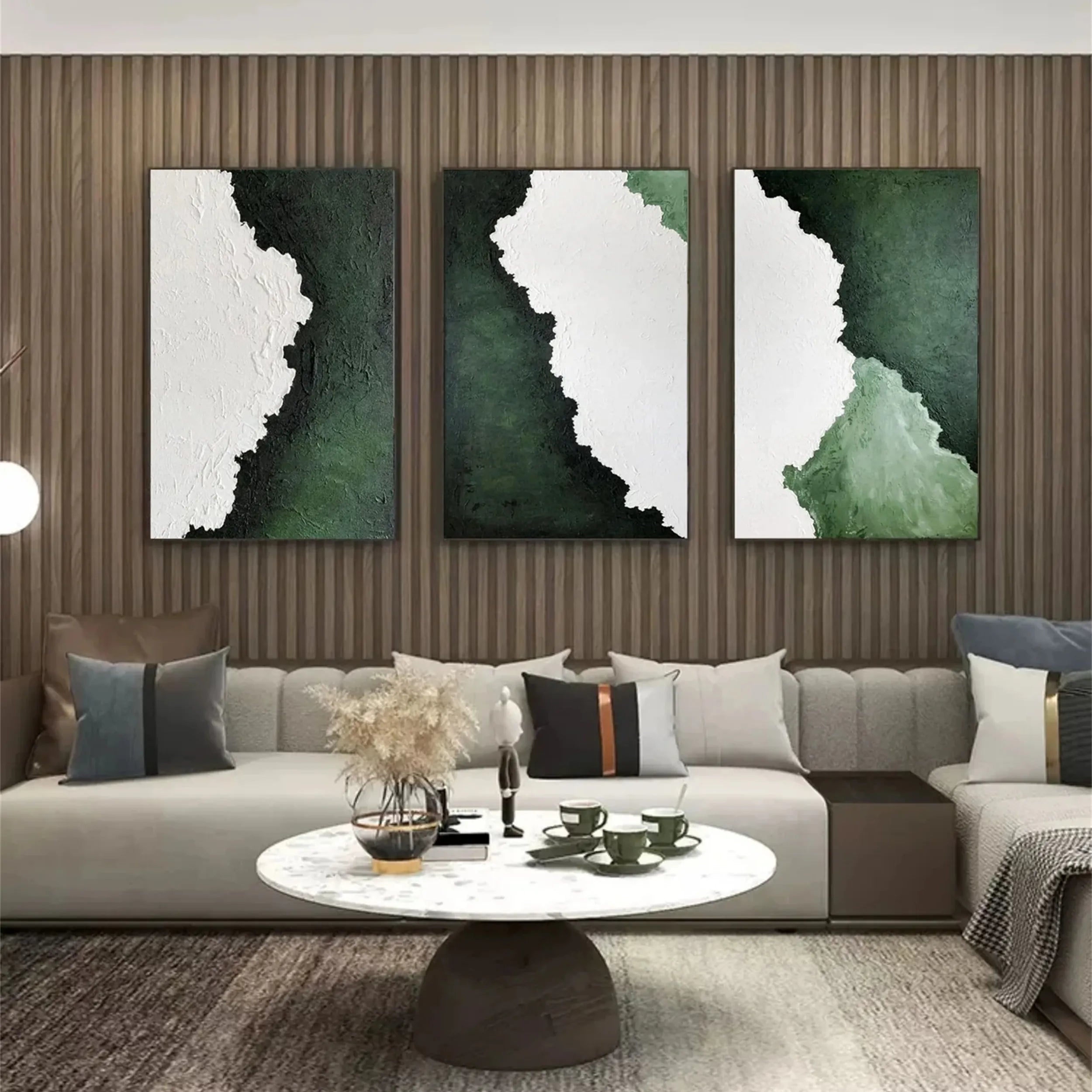 Modern Textured Green & White Wall Art-Abstract Art Set #JJ 213