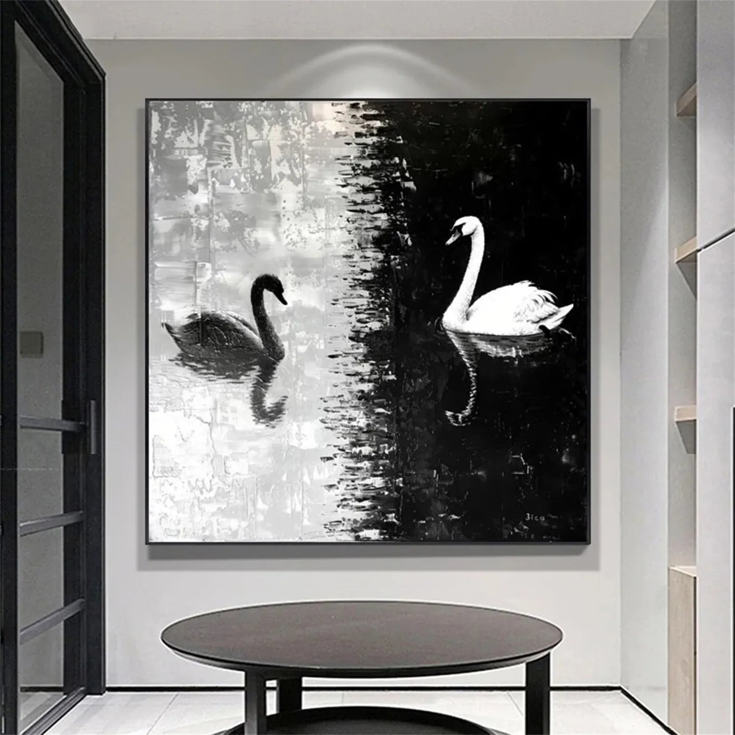 Large Contemporary Swan Painting | Monochrome Abstract Wall Art Decor