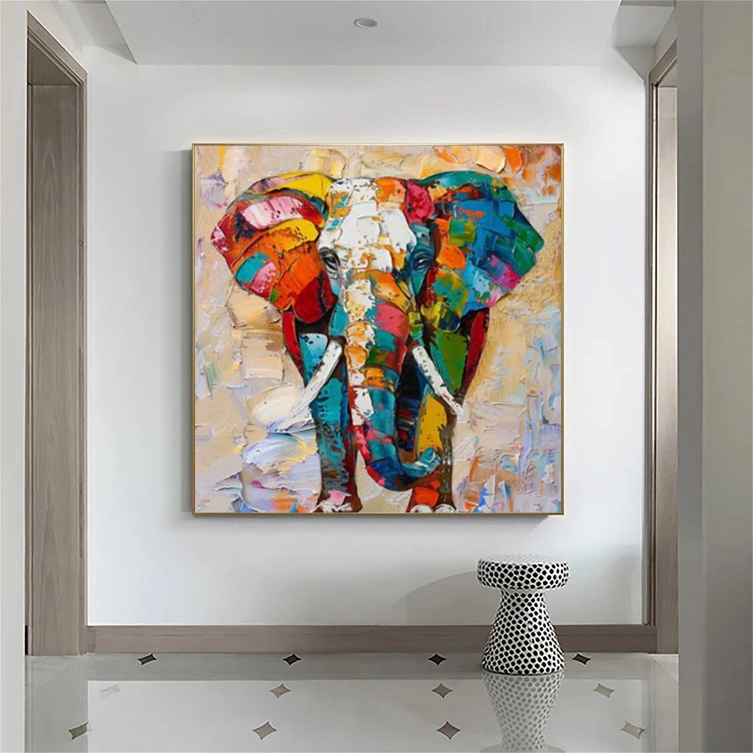 Colorful Elephant Wall Art | Large Square Abstract Animal Painting #ZZ 215