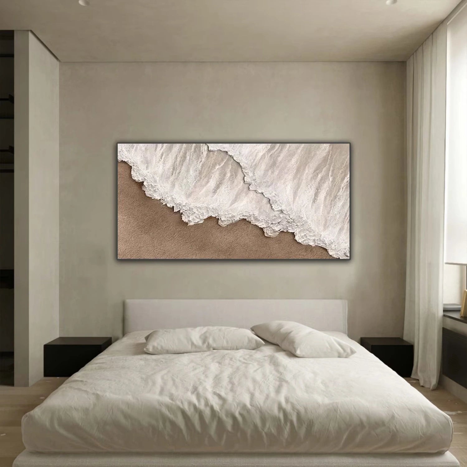 Large Horizontal Beige White Textured Beach Abstract - Modern Wall Art #JJ 174