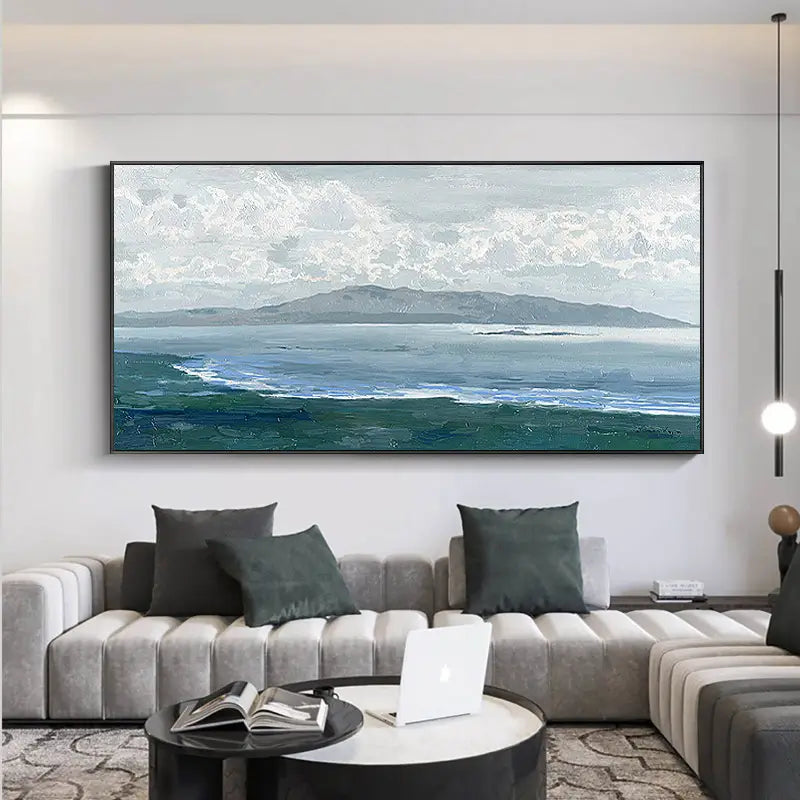 Large Coastal Landscape Wall Art | Abstract Ocean & Mountain Painting #ZZ 078