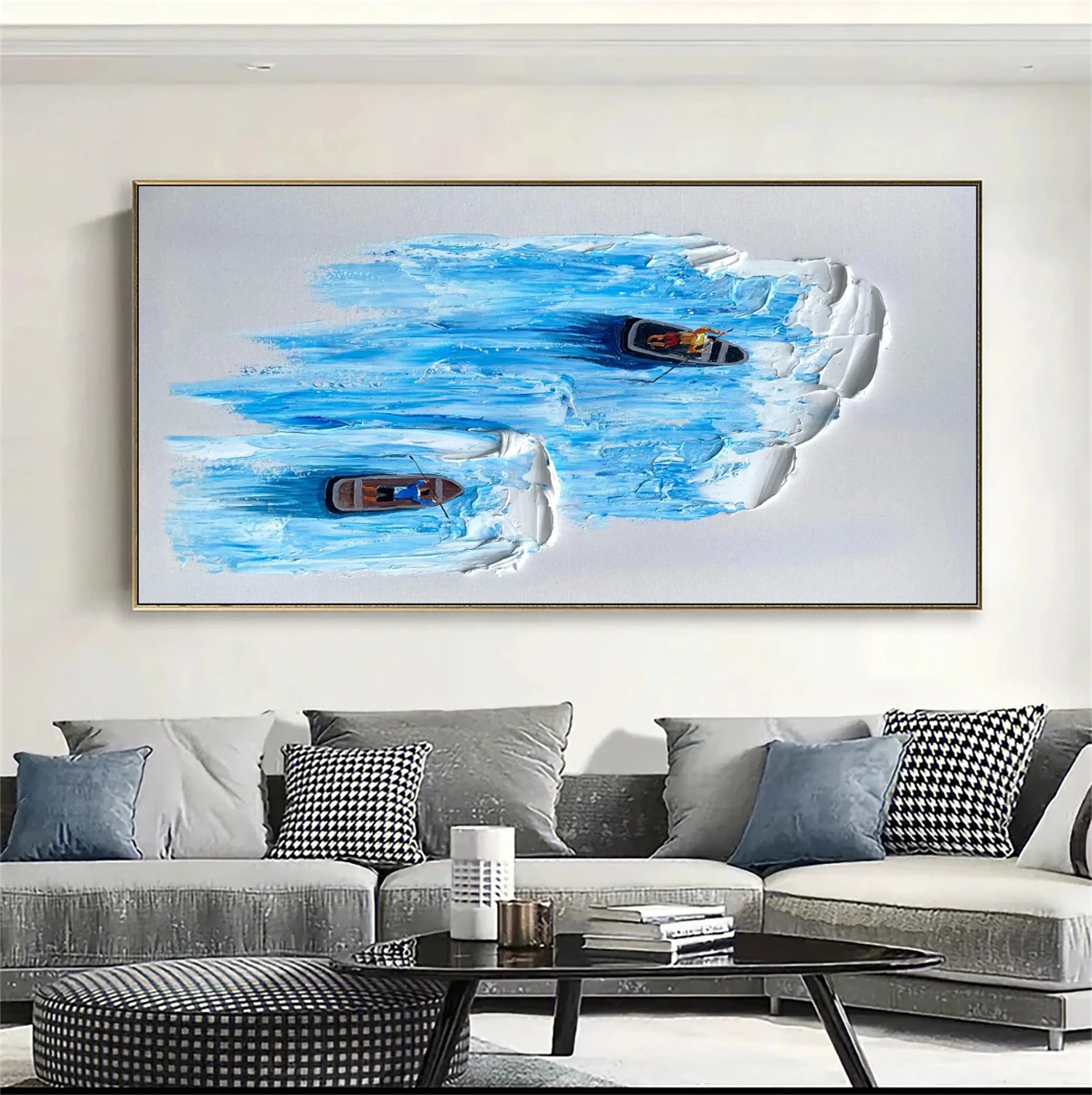 3D Textured Wall Art | Large Blue Ocean Boat Painting Canvas Decor #JJ 187