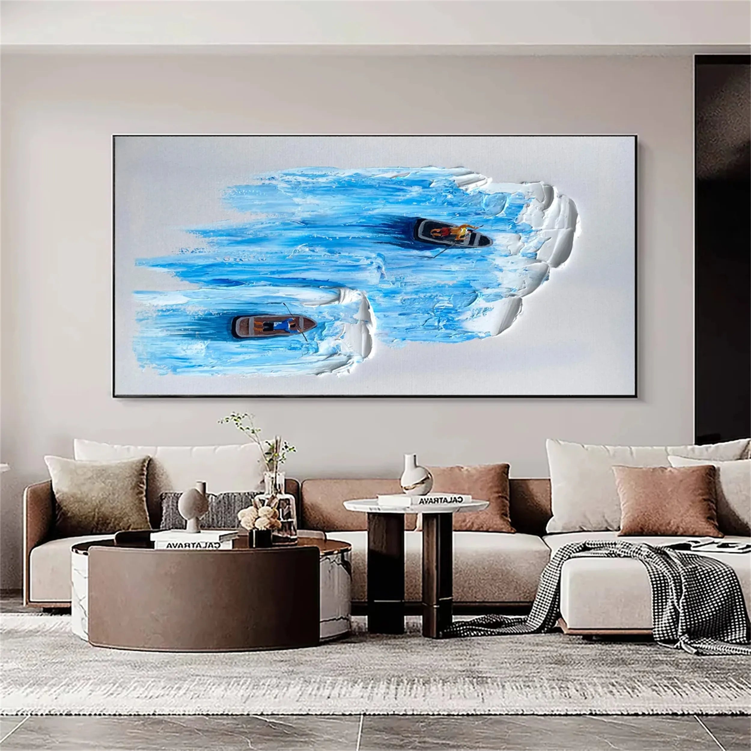 3D Textured Wall Art | Large Blue Ocean Boat Painting Canvas Decor #JJ 187