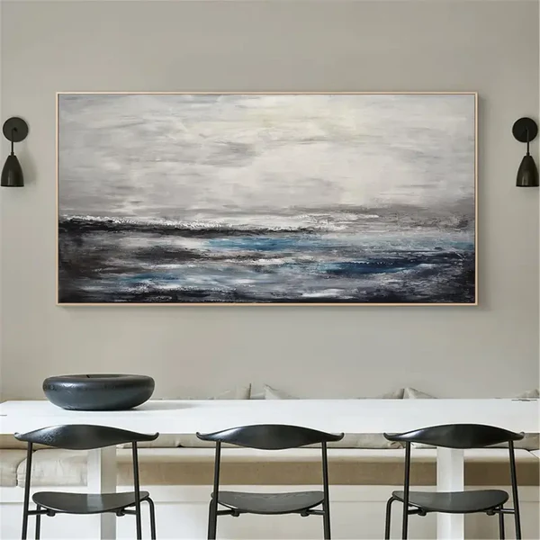 Wide Format Grey White Blue Abstract Seascape Oil Painting - Modern Ocean Art Decor