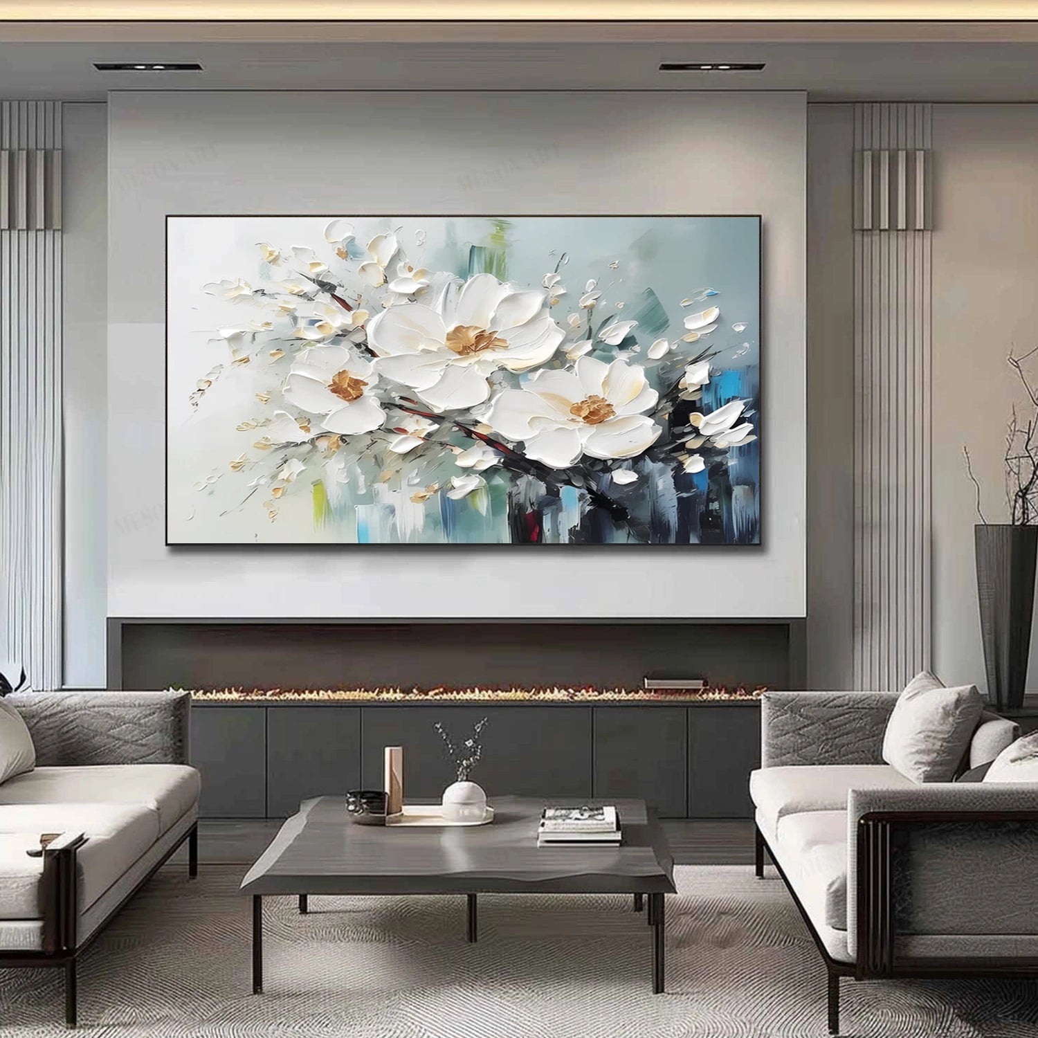 Hand-Painted Blossom Branch Art | White Floral Canvas #JJ 296