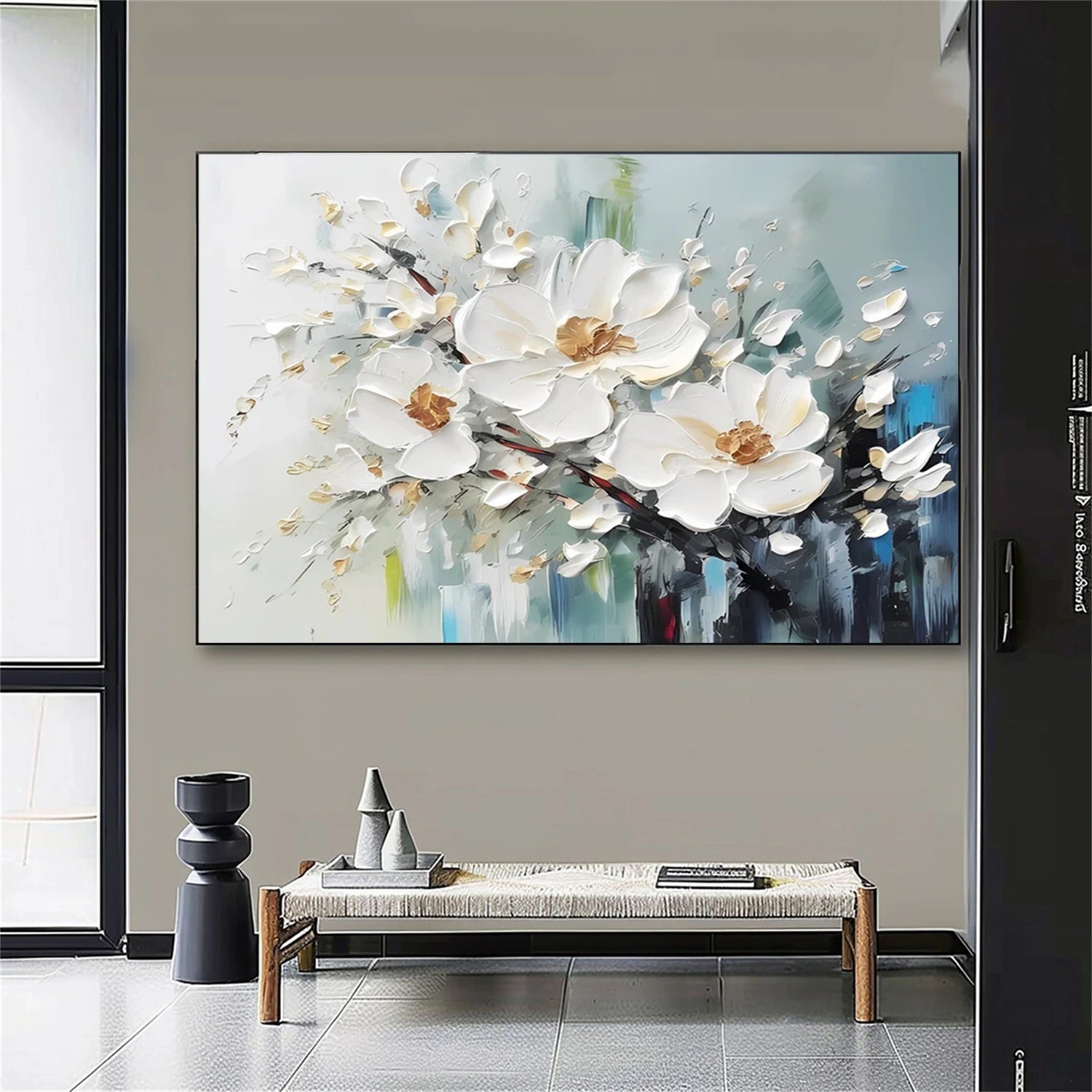 Modern Textured Abstract Floral |white Blossom Oil Art