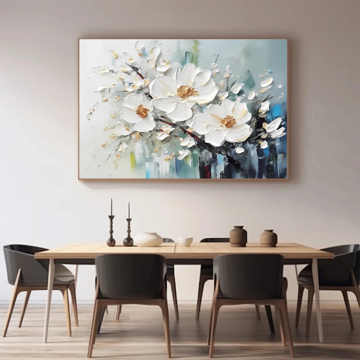 Hand-Painted Blossom Branch Art | White Floral Canvas #JJ 296