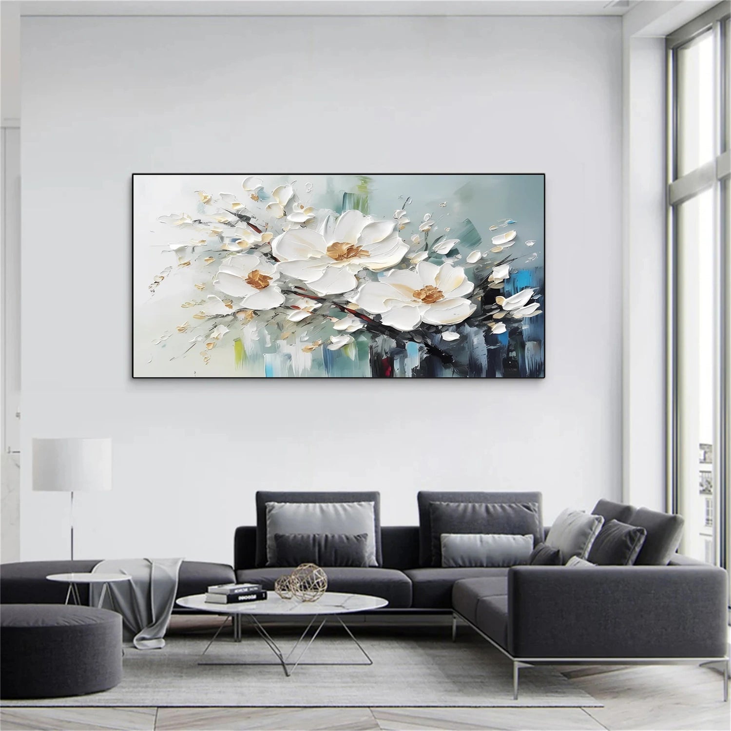 Hand-Painted Blossom Branch Art | White Floral Canvas #JJ 296