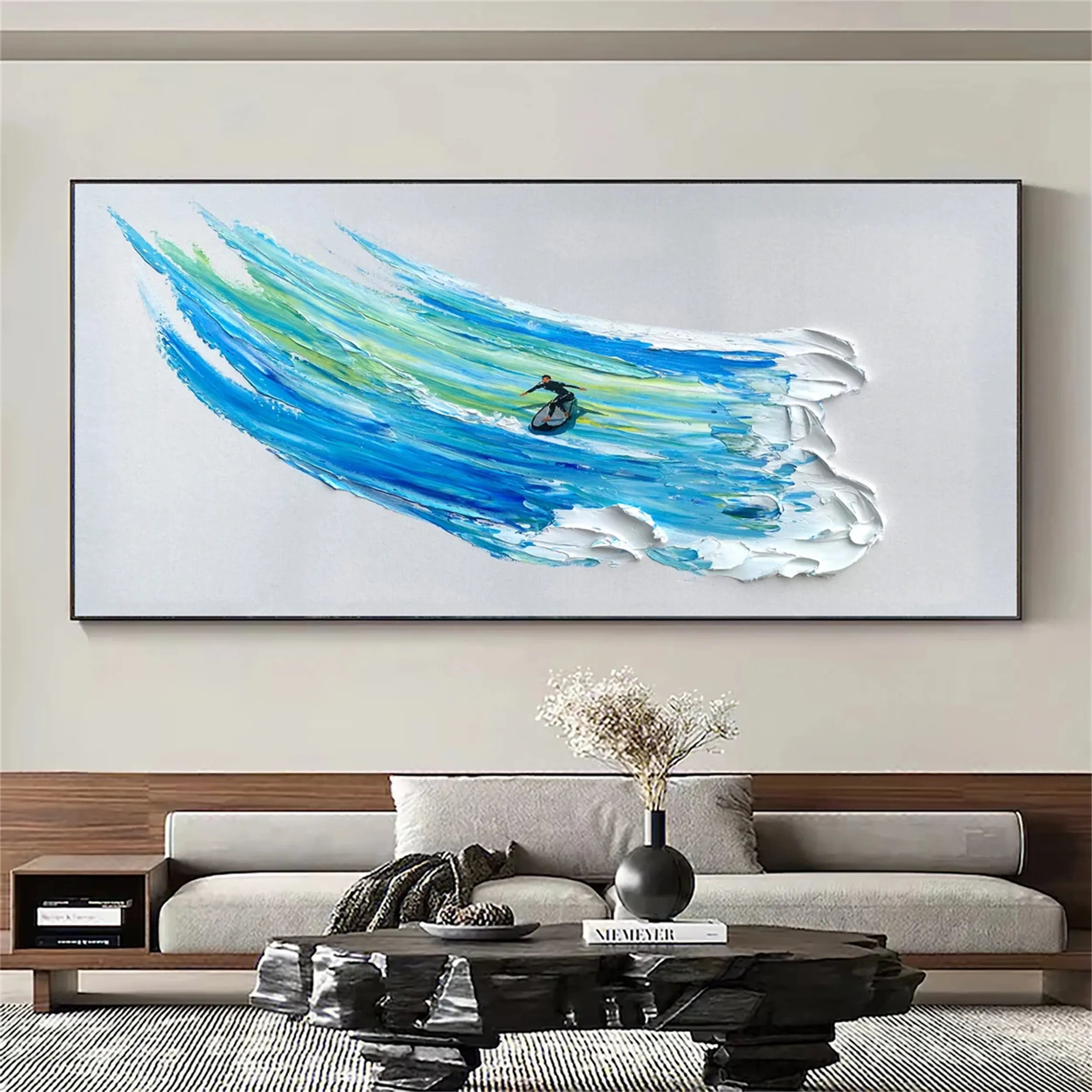 Calm Water Rowing Textured Abstract Art - Blue White Oil Painting