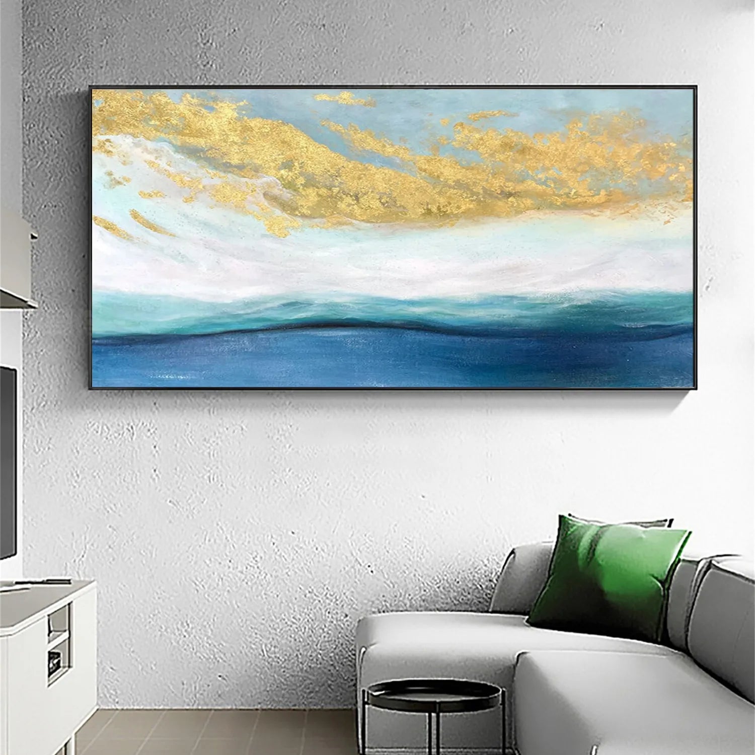 Horizontal Blue White Gold Abstract Seascape Oil Painting - Modern Art