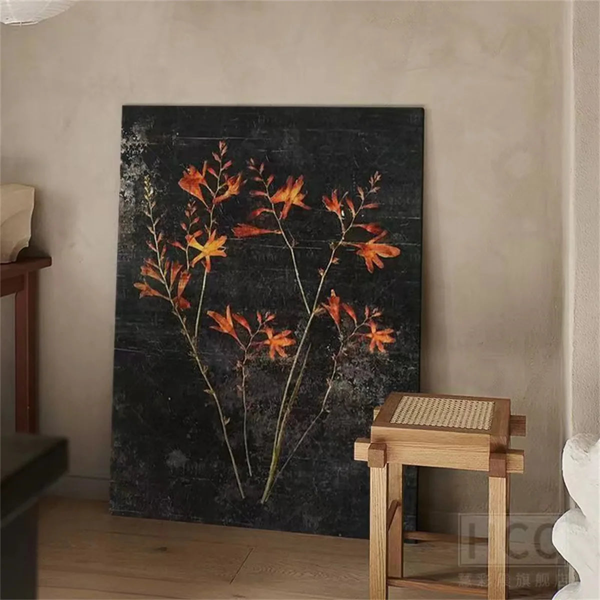Dark Floral Wall Art | Large Vertical Flowers Black Canvas #ZZ 184