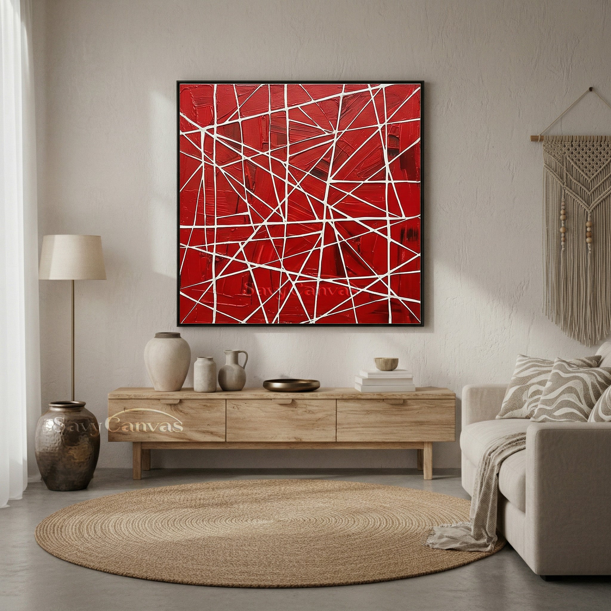 Bold Red Geometric Abstract Painting | Hand-Painted Textured Art #JJ 457