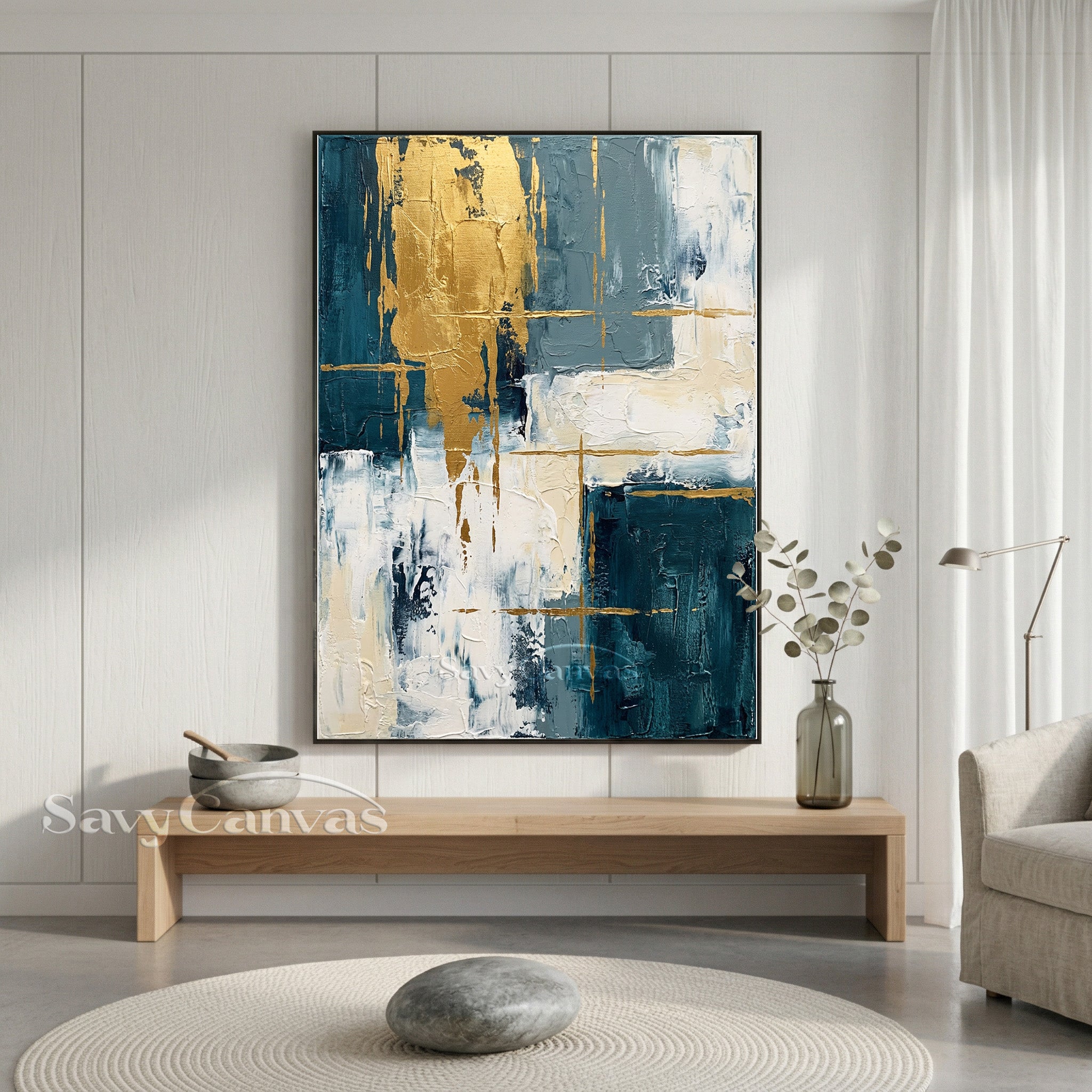 Modern Abstract Gold Leaf Blue Oil Painting on Canvas #SS 011