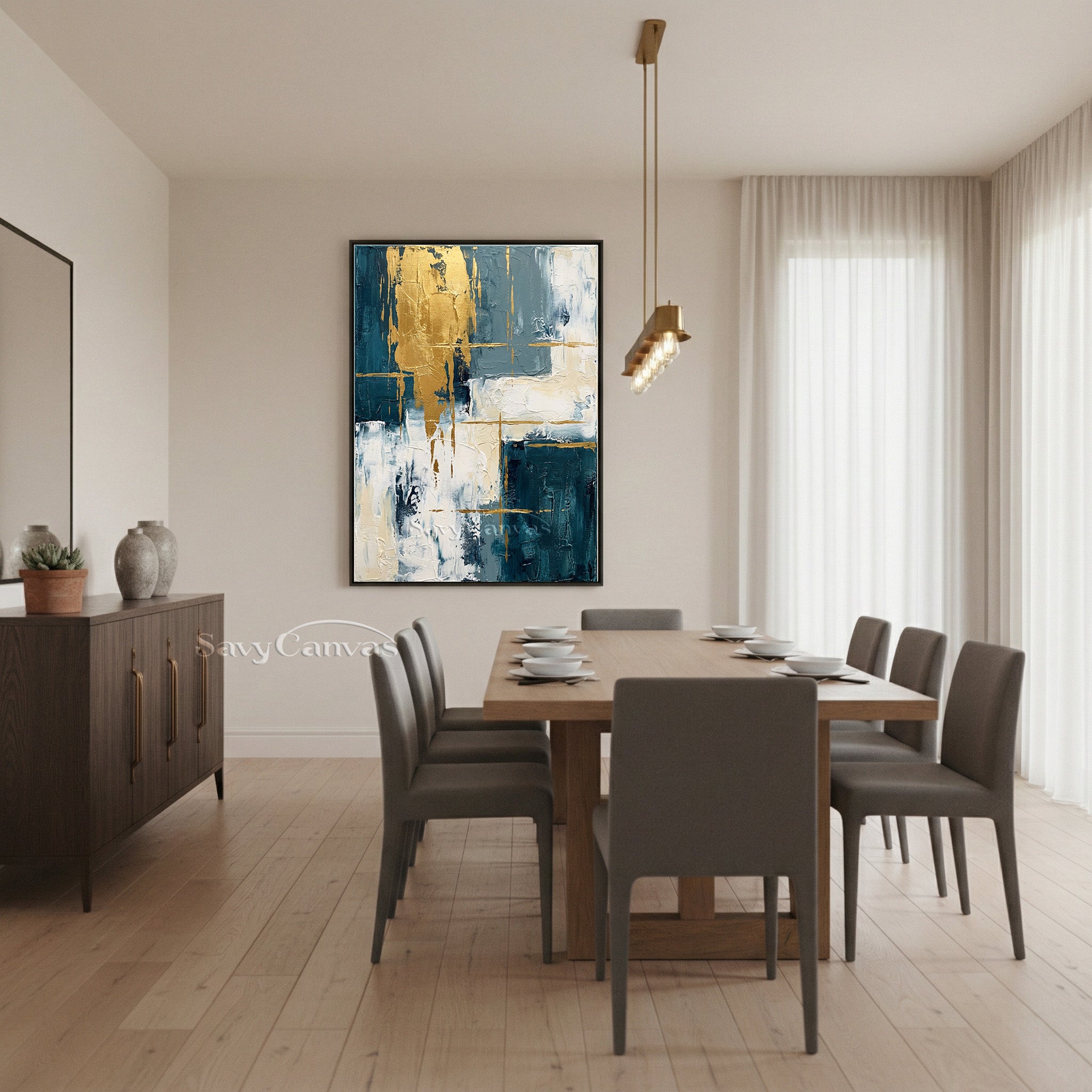 Modern Abstract Gold Leaf Blue Oil Painting on Canvas #SS 011