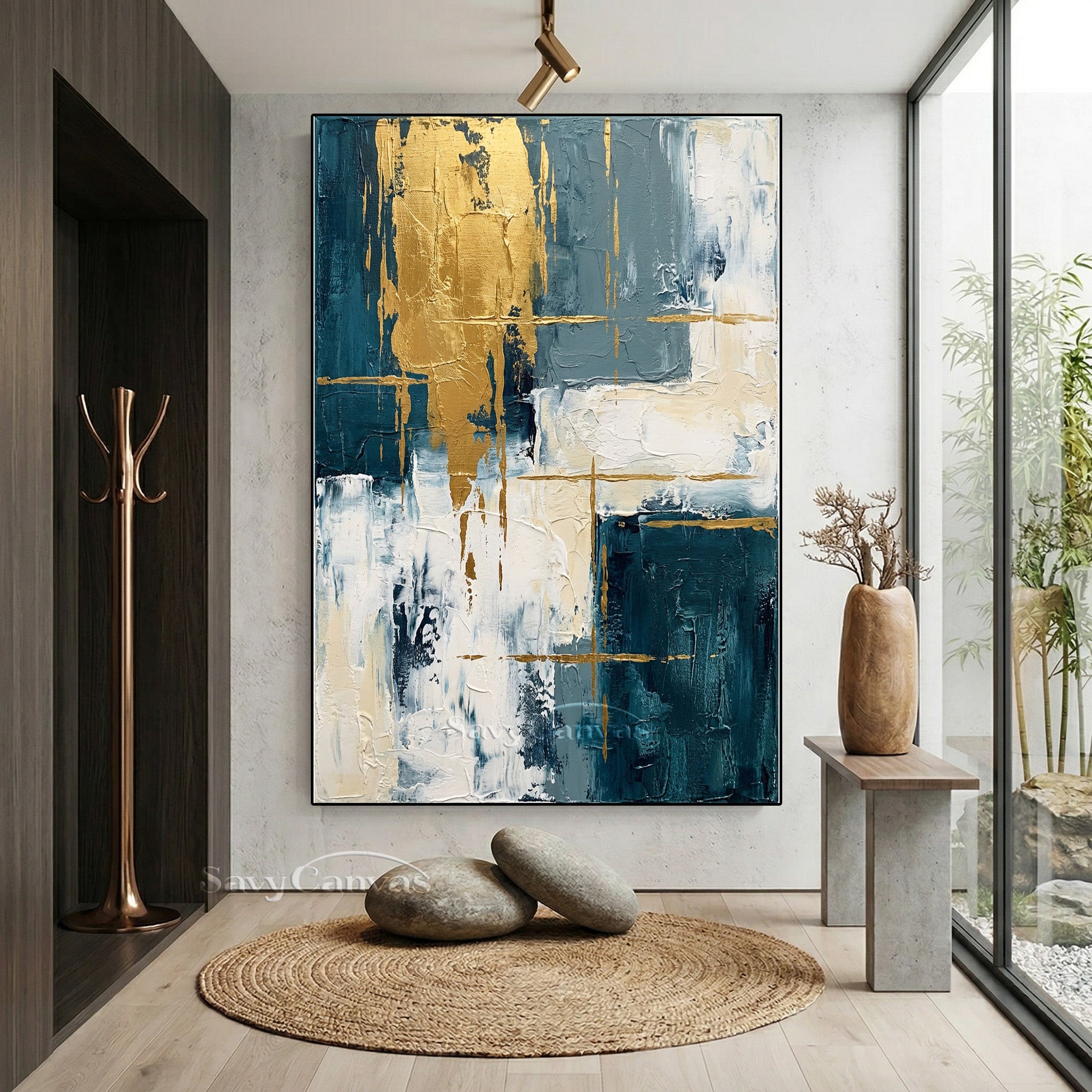 Modern Abstract Gold Leaf Blue Oil Painting on Canvas #SS 011