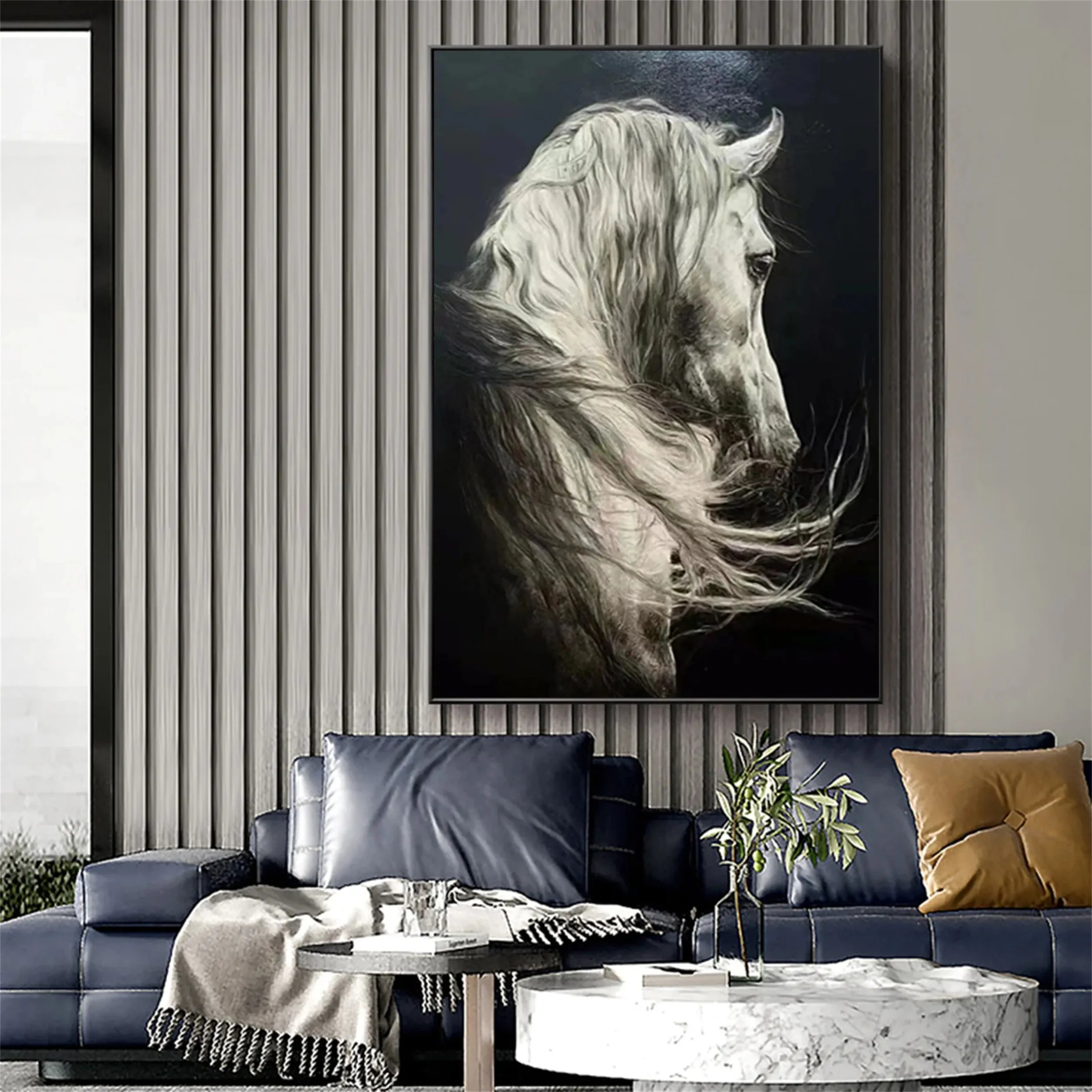 White Horse Oil Painting | Large Black & White Equine Art #ZZ 017