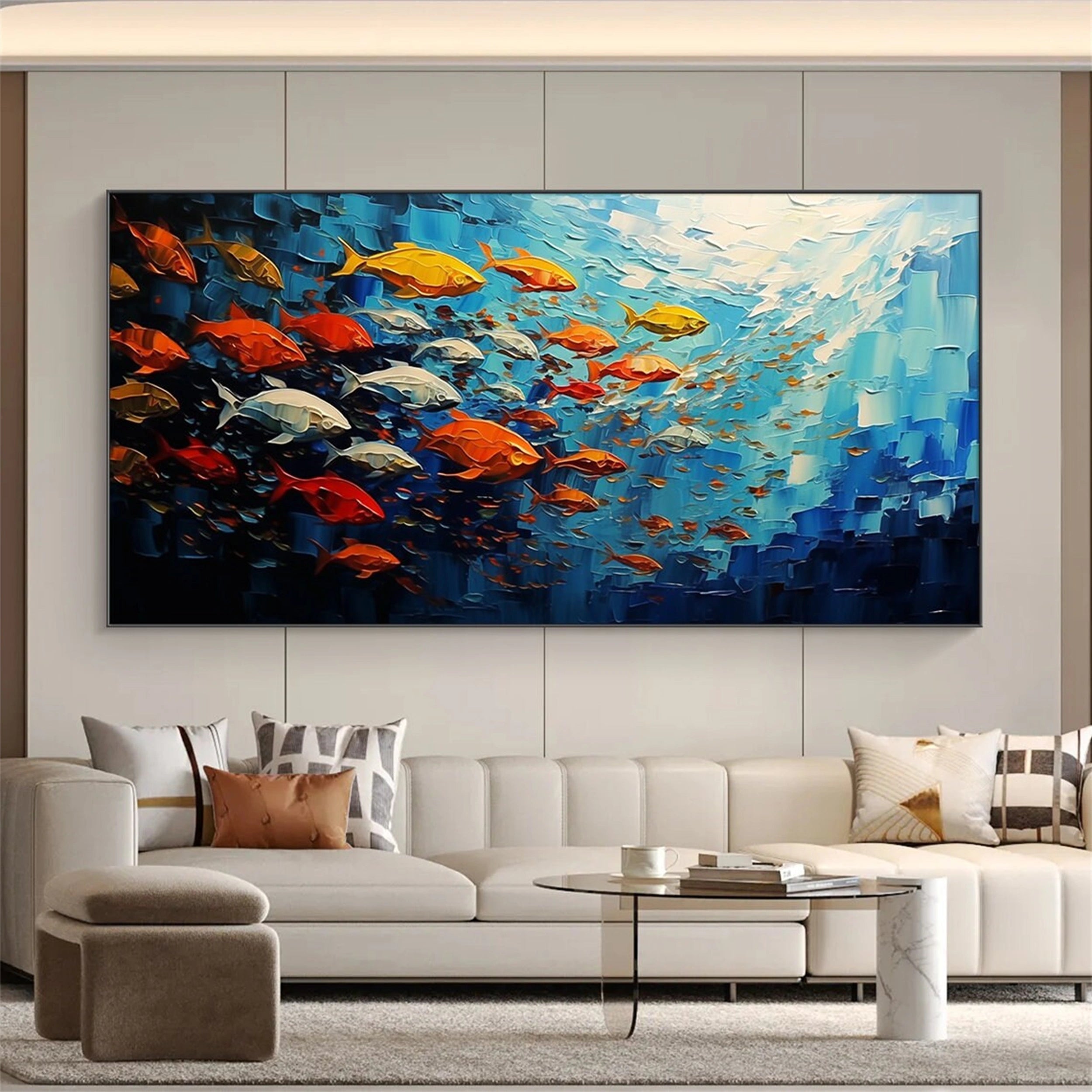 Large  Abstract Oil Painting Fish Wall Art - Ocean Painting #JJ 242