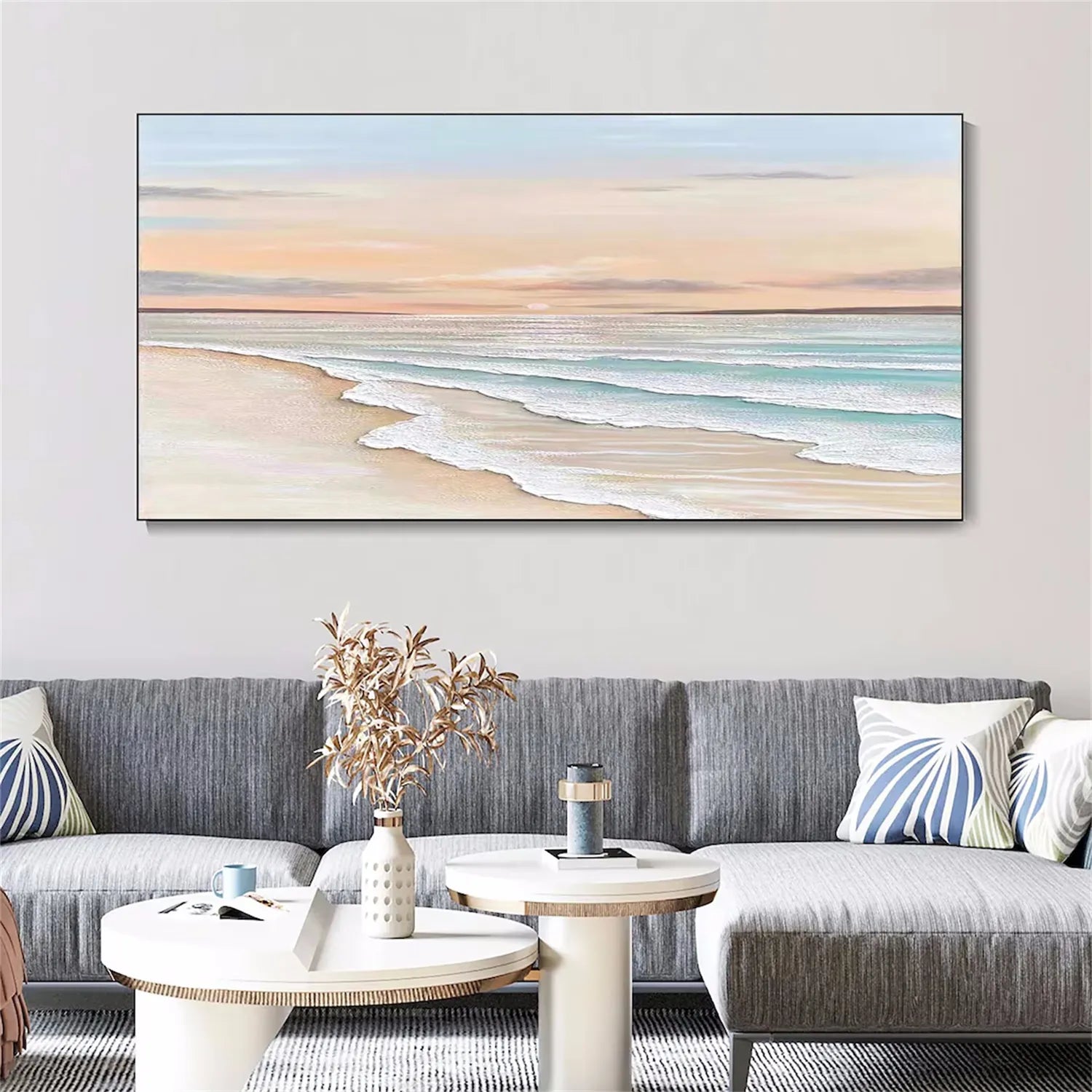 Large Beach Sunset Canvas Wall Art | Coastal Ocean Wave Painting