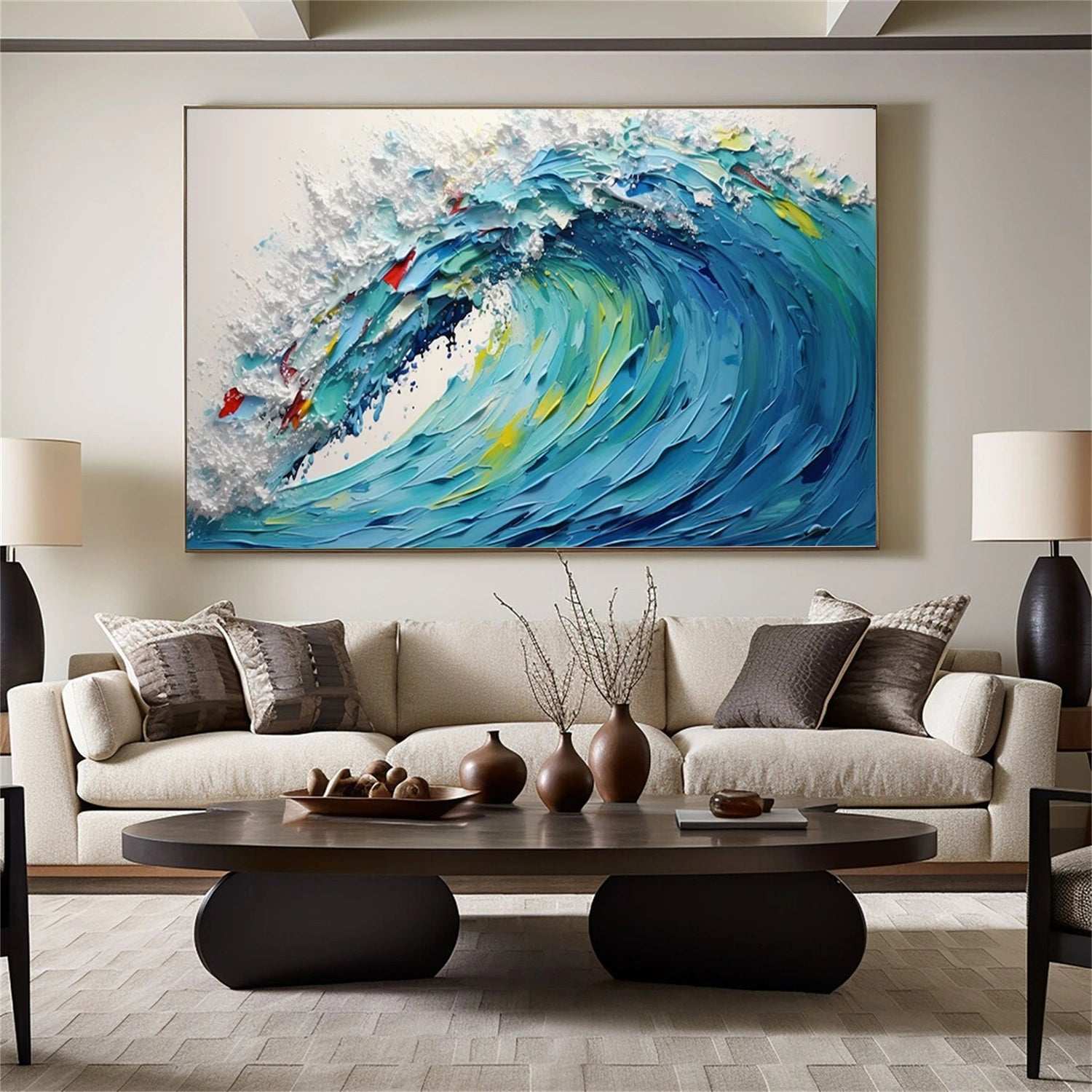 Blue White Yellow Hand Painted Wave Abstract Oil Painting - Modern Art
