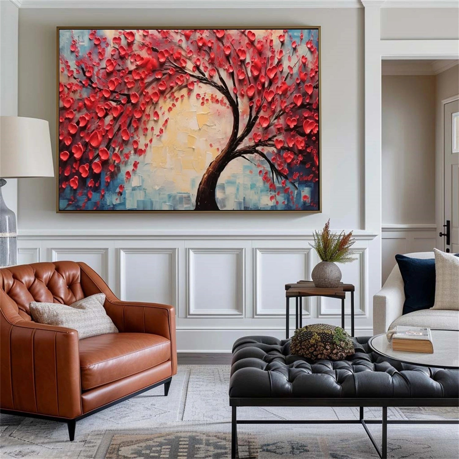 Red Blossom Tree Painting | Textured Abstract Floral Landscape #JJ 336