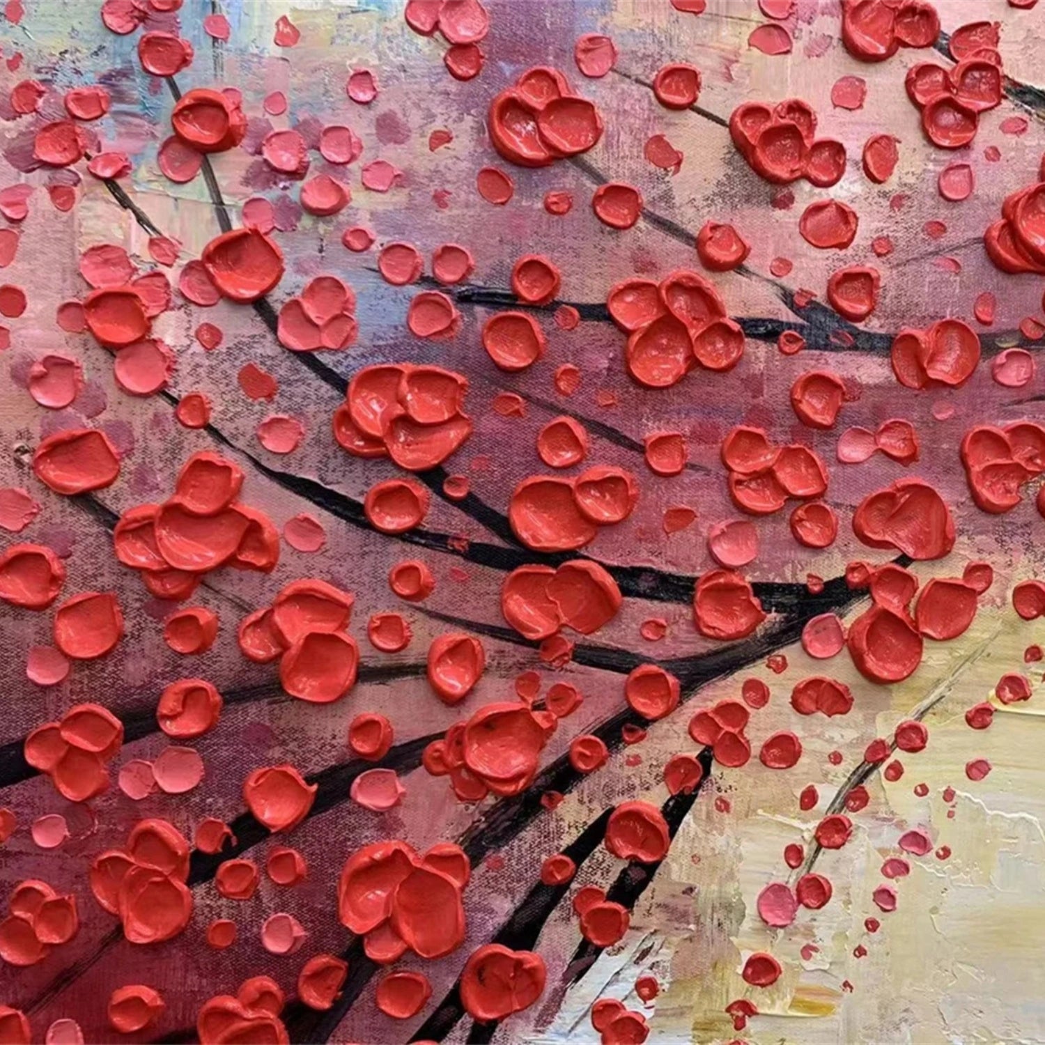 Red Blossom Tree Painting | Textured Abstract Floral Landscape #JJ 336