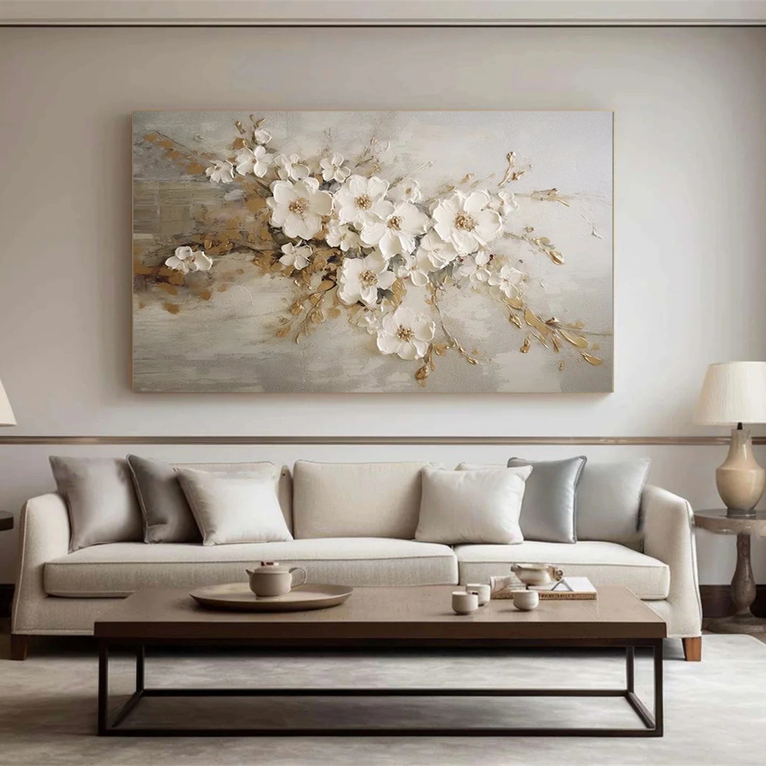 Luxury Gold & White Blossom Painting | Elegant Wall Decor - Savy Canvas