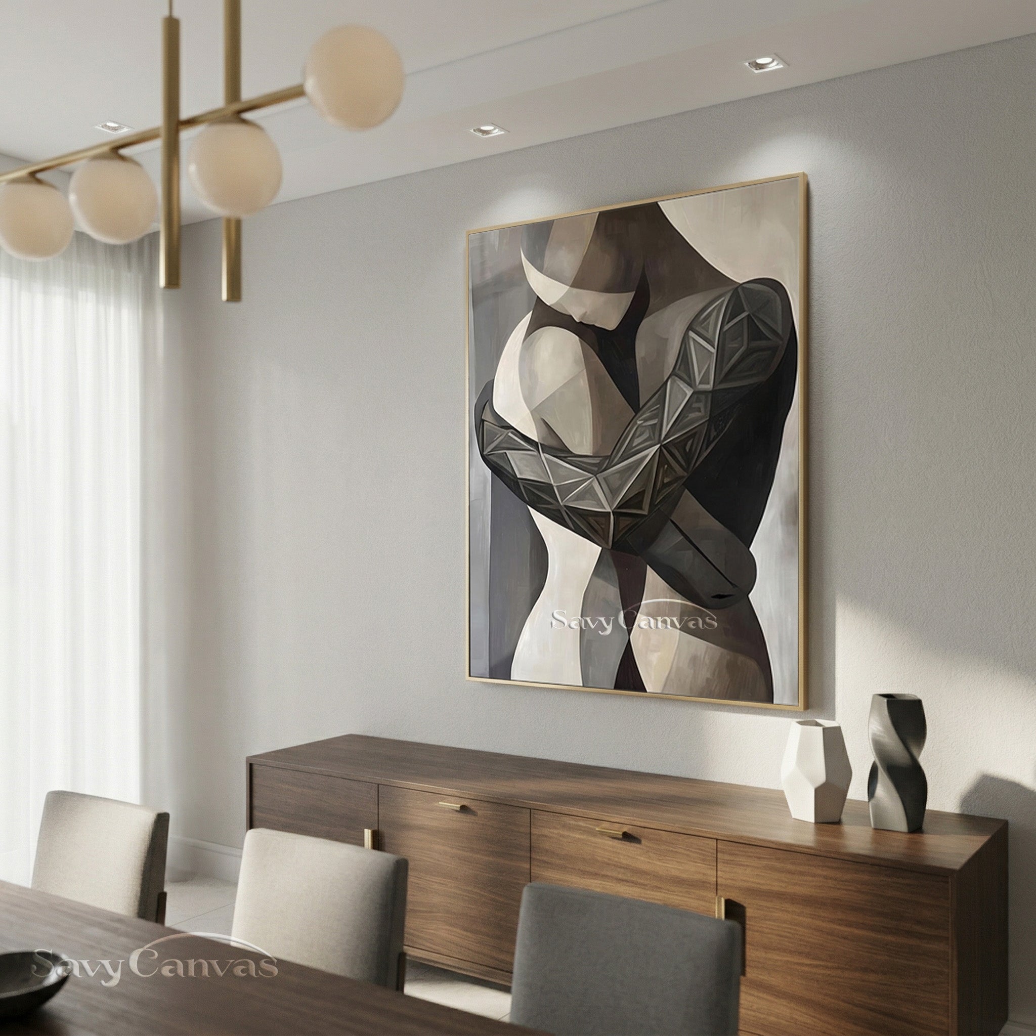 Modern Abstract Embrace Oil Painting | Geometric Couple Wall Art #SS 143