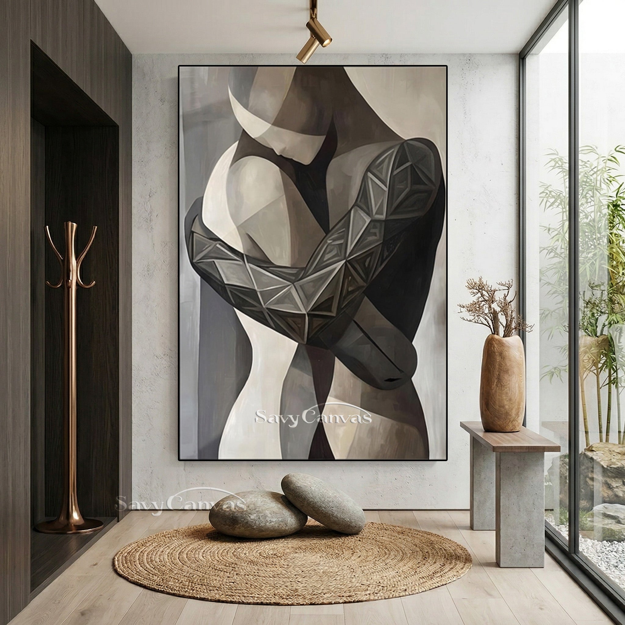 Modern Abstract Embrace Oil Painting | Geometric Couple Wall Art #SS 143
