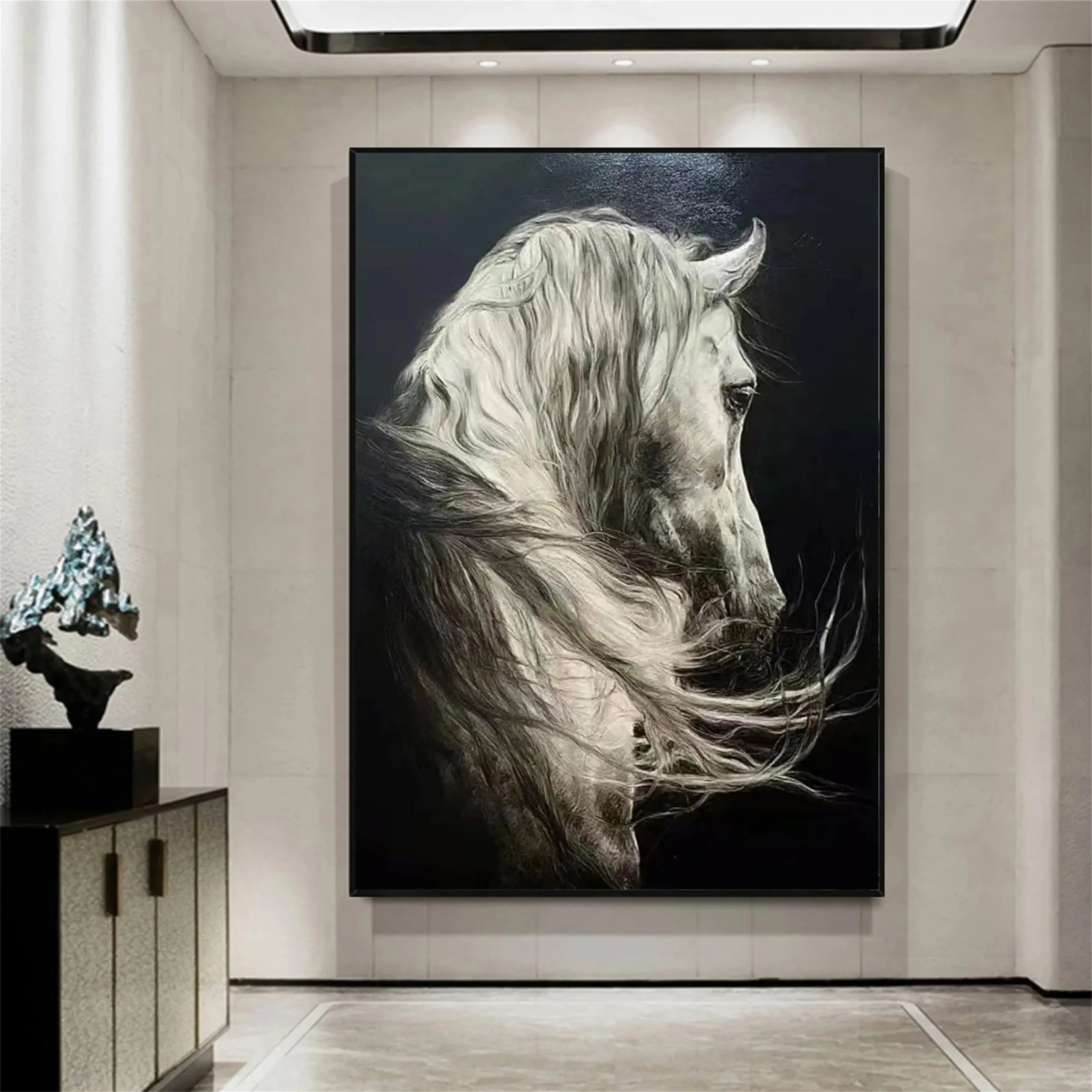 White Horse Oil Painting | Large Black & White Equine Art #ZZ 017