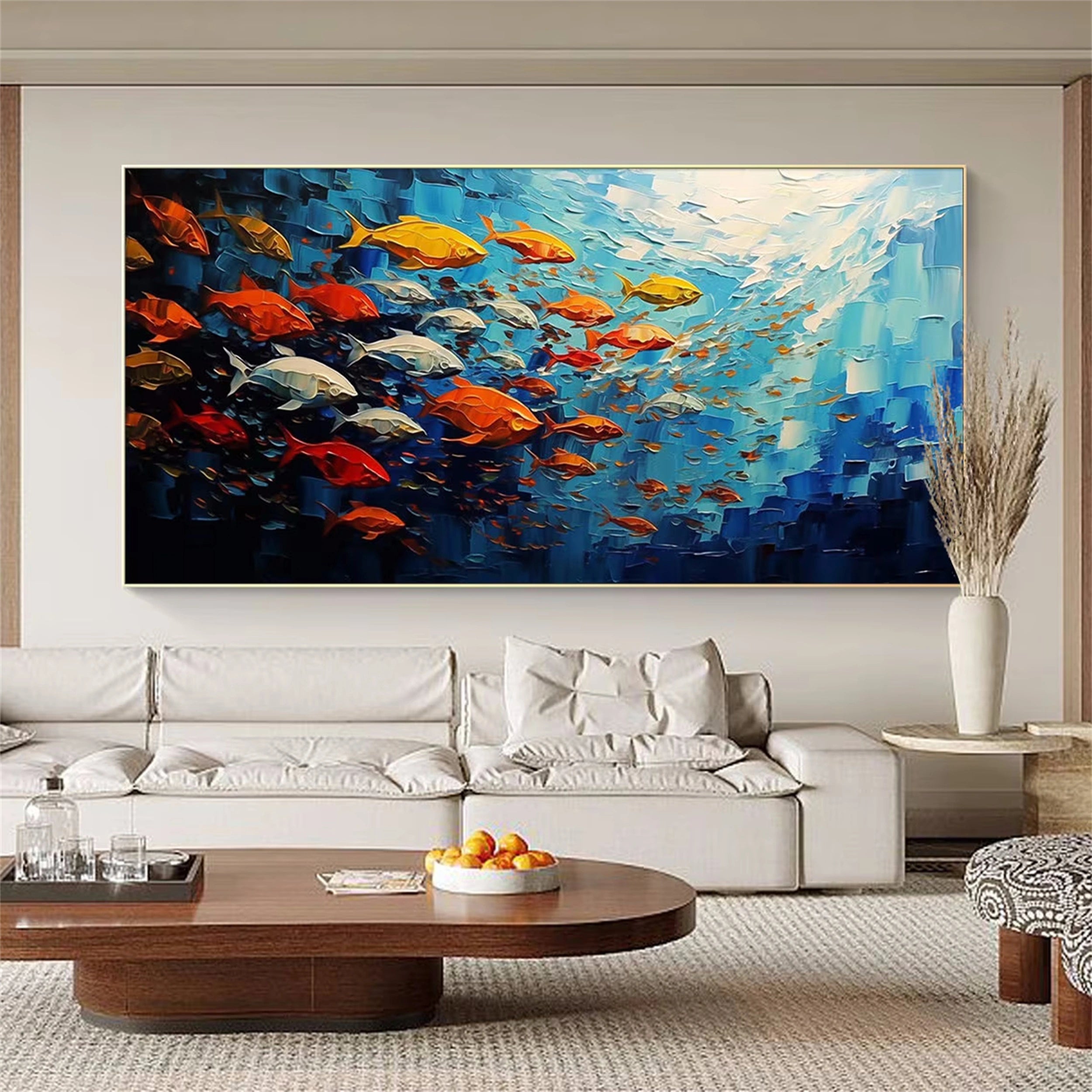 Large  Abstract Oil Painting Fish Wall Art - Ocean Painting #JJ 242