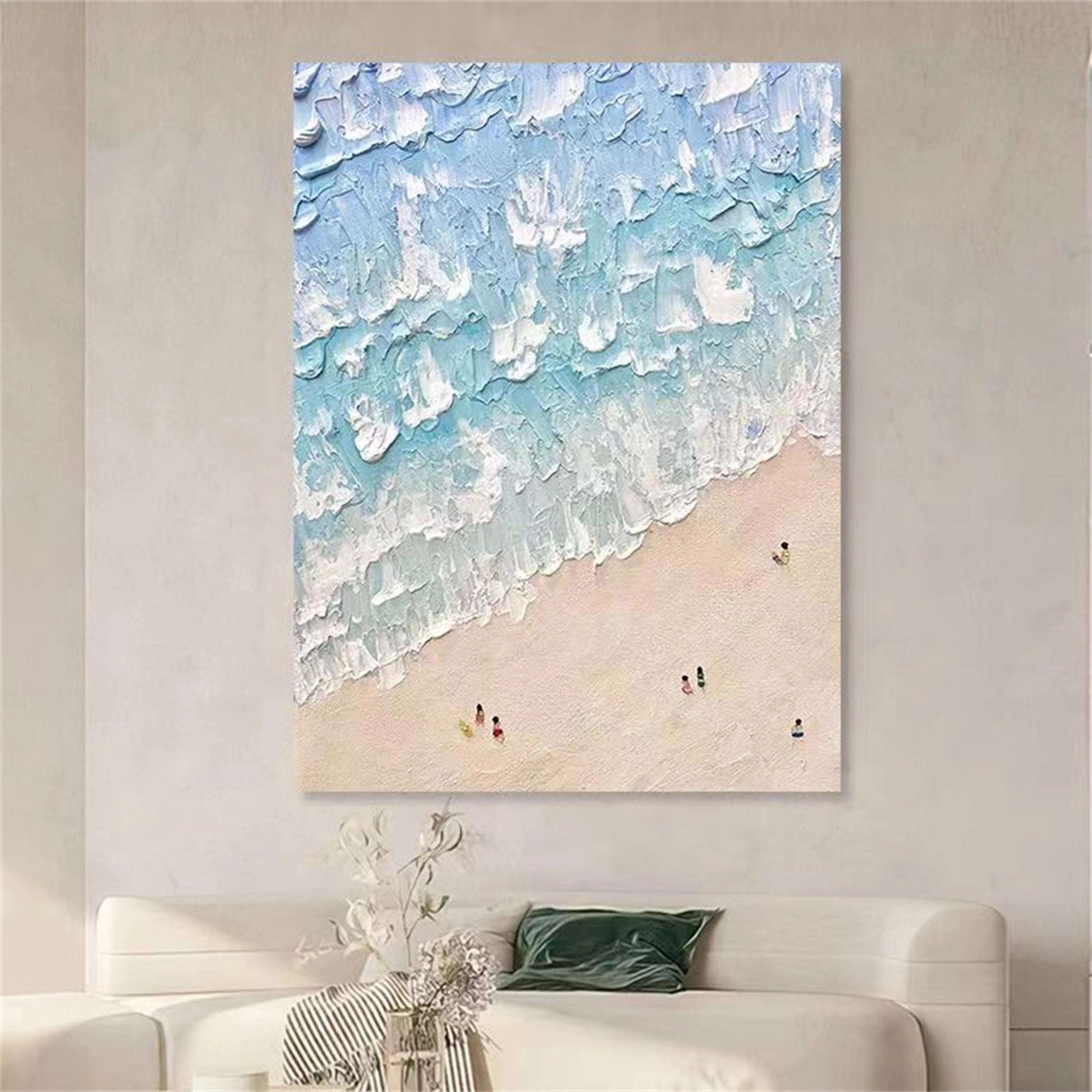 Blue Beach Painting for Living Room | Textured Ocean Abstract Wall Art #JJ 229
