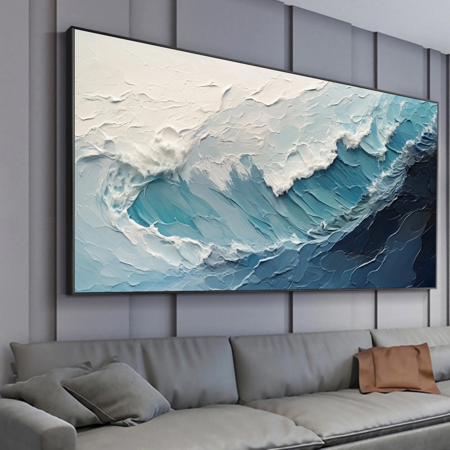Horizontal Blue and White Textured Wave Abstract Oil Painting - Modern Art #JJ 162