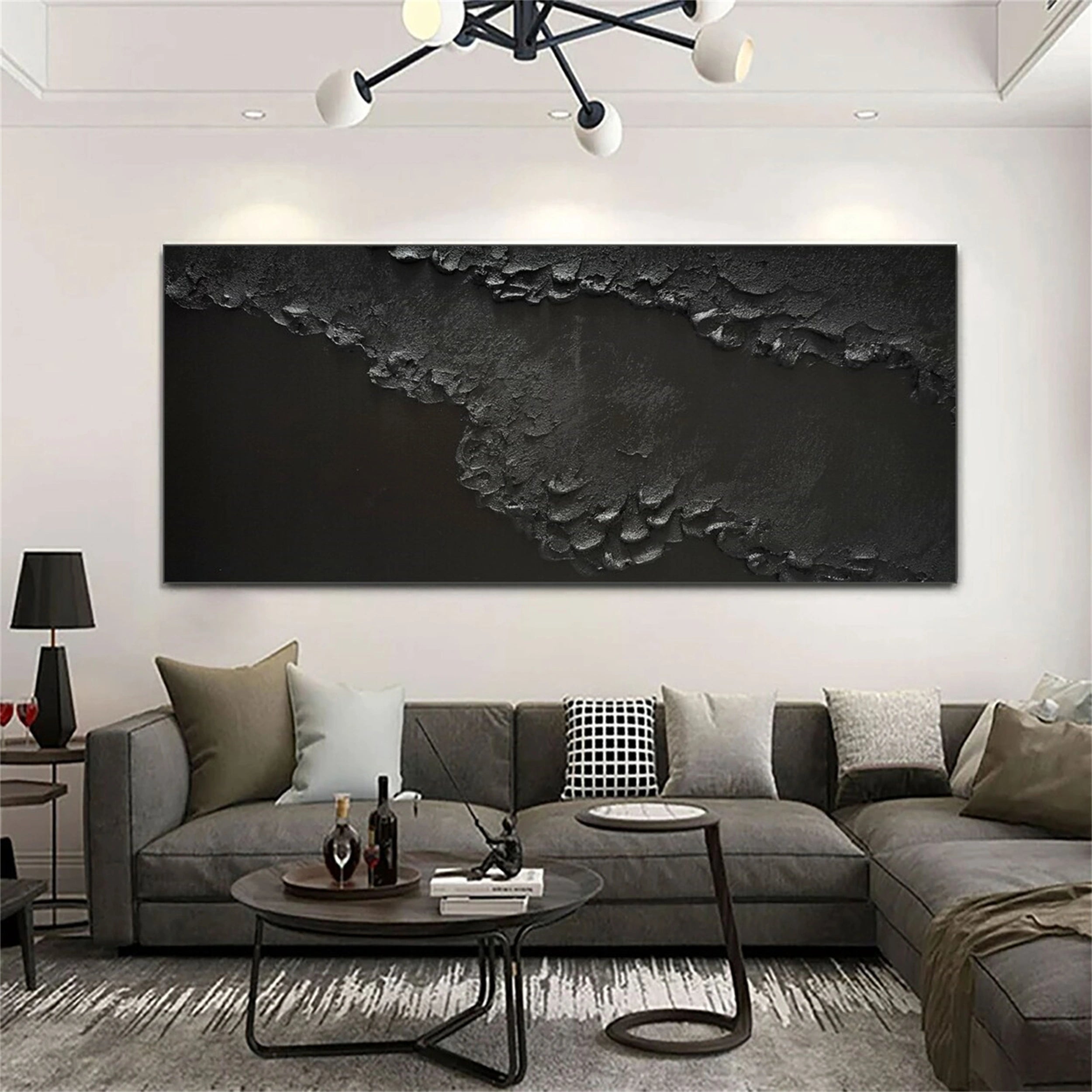 Handmade Modern Black Textured Abstract Wall Art-Coastline Canvas  #JJ 268